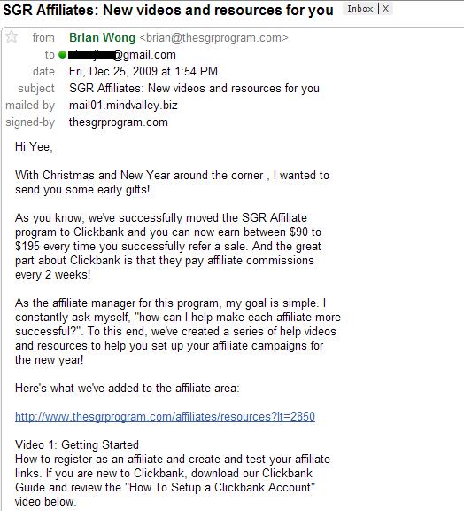 Brian Wong Email to The SGR Program Affiliates